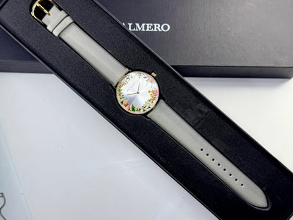 Palmero De Fleurs Floral Dial Leather Watch gold tone grey leather New SS350