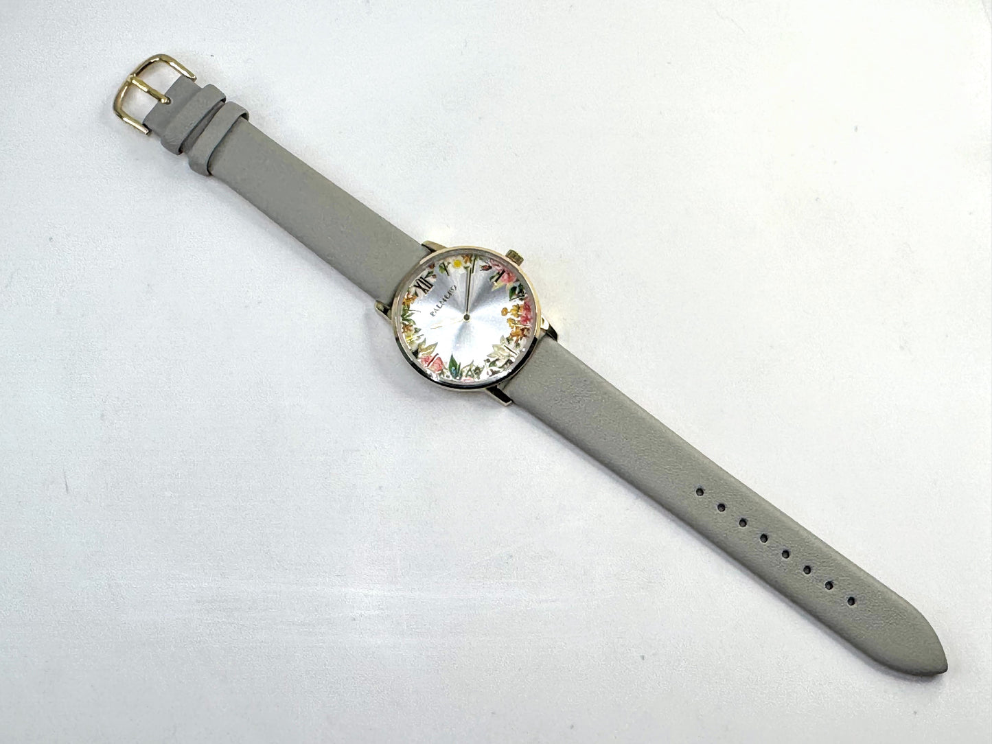 Palmero De Fleurs Floral Dial Leather Watch gold tone grey leather New SS350