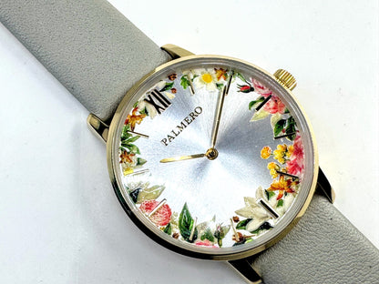 Palmero De Fleurs Floral Dial Leather Watch gold tone grey leather New SS350
