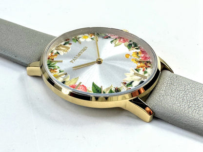 Palmero De Fleurs Floral Dial Leather Watch gold tone grey leather New SS350