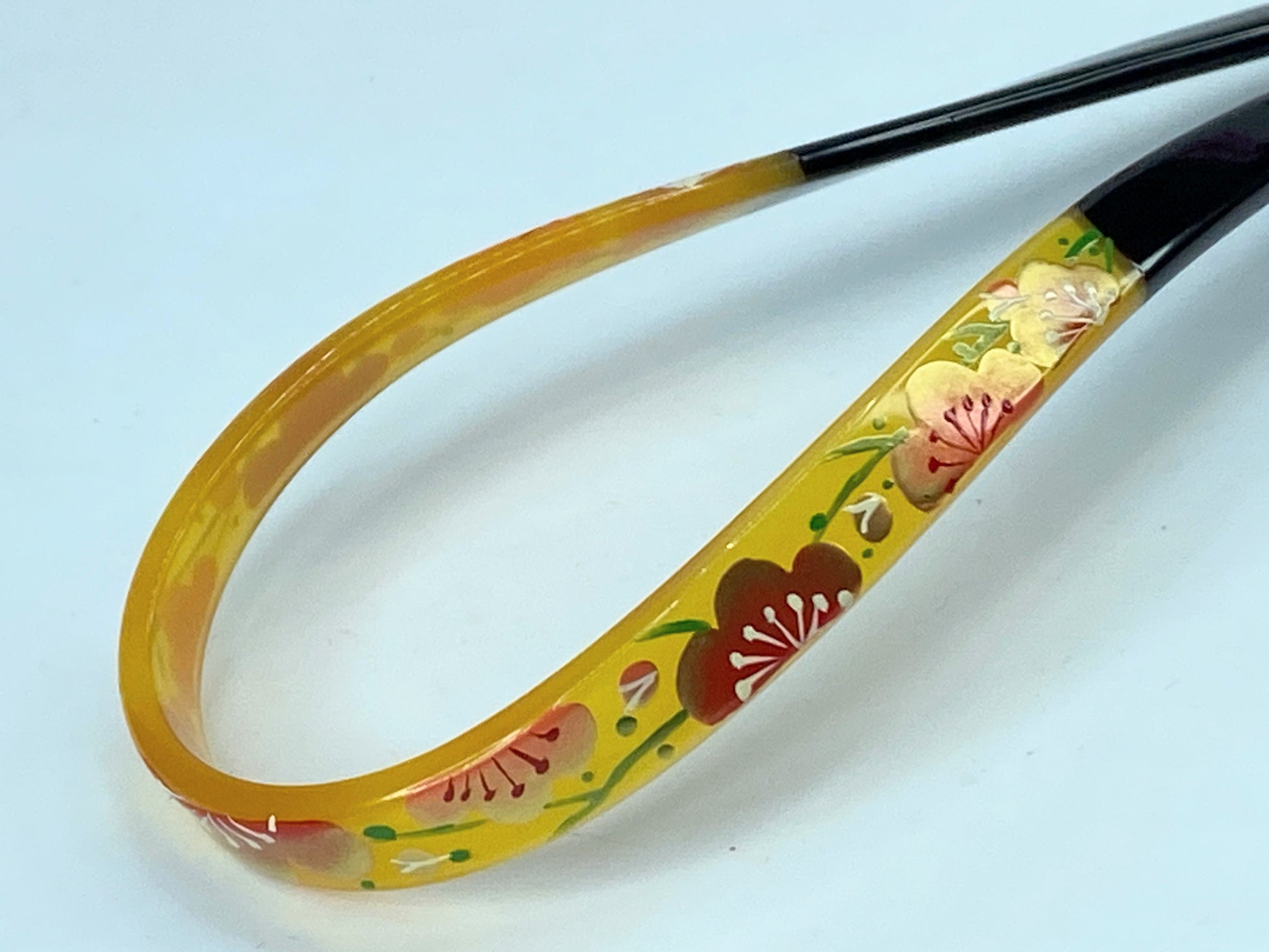 Kanzashi Hair Ornament With Red Plum Blossom Design With Green Accents GS522