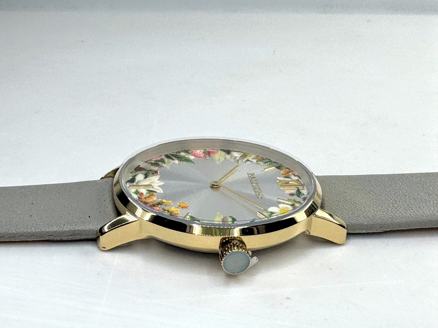 Palmero De Fleurs Floral Dial Leather Watch gold tone grey leather New SS350