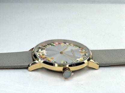 Palmero De Fleurs Floral Dial Leather Watch gold tone grey leather New SS350