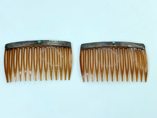 Vintage Sterling Silver Hair Combs Pair Turquoise Cabochon Celluloid GS720