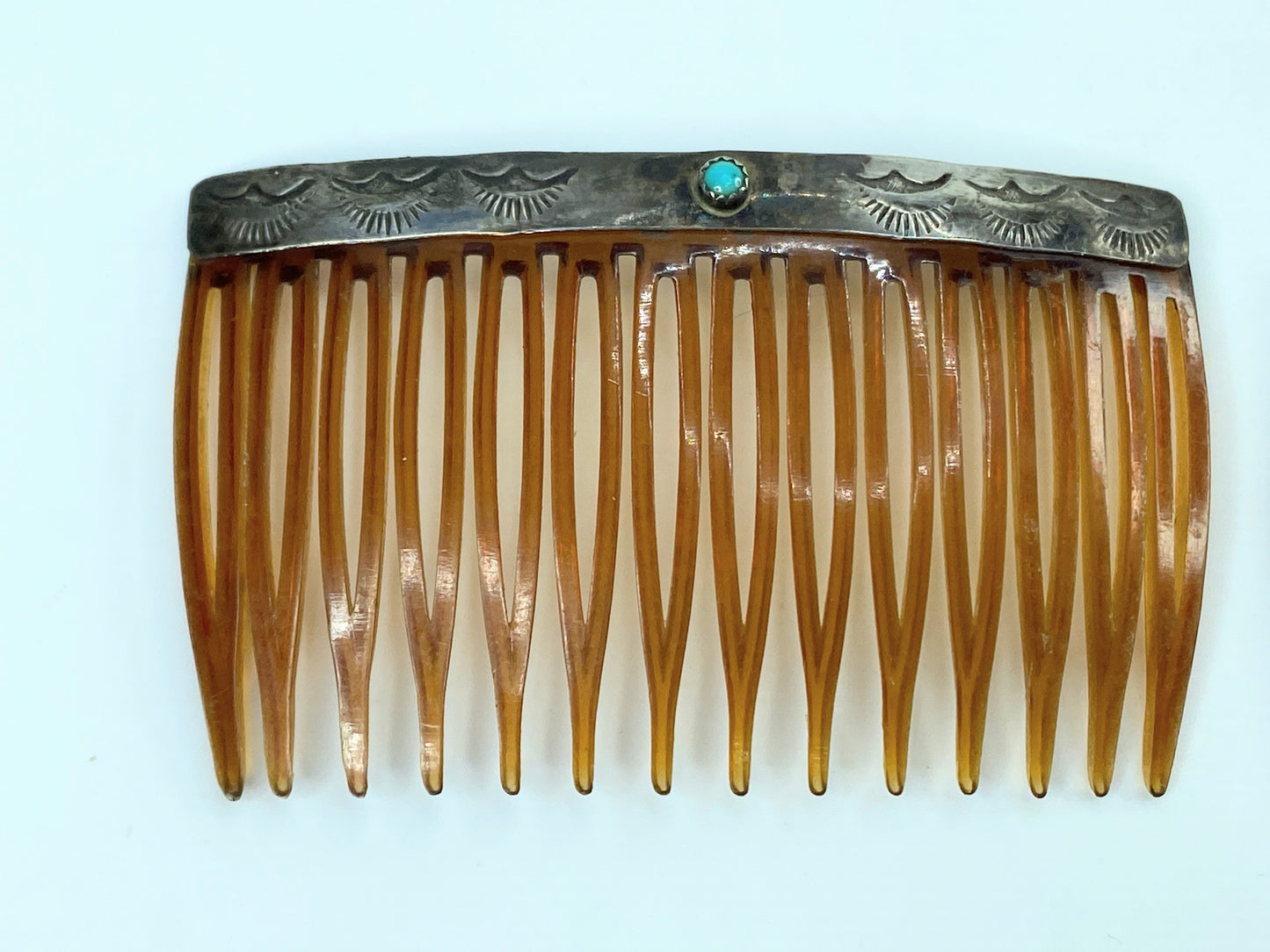 Vintage Sterling Silver Hair Combs Pair Turquoise Cabochon Celluloid GS720
