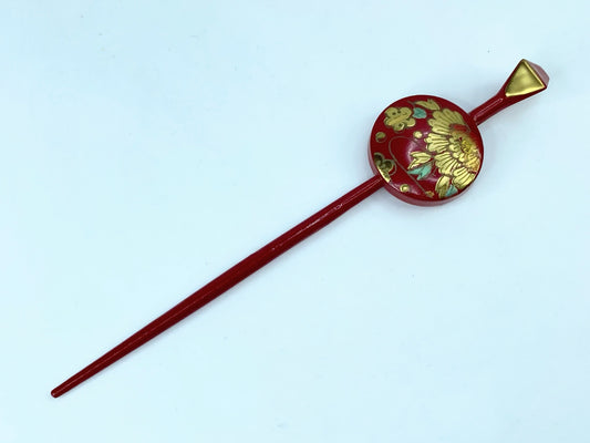 Japanese Red Lacquer Hira Kanzashi Hair Ornament Golden Peony 6" 5.8g GS500
