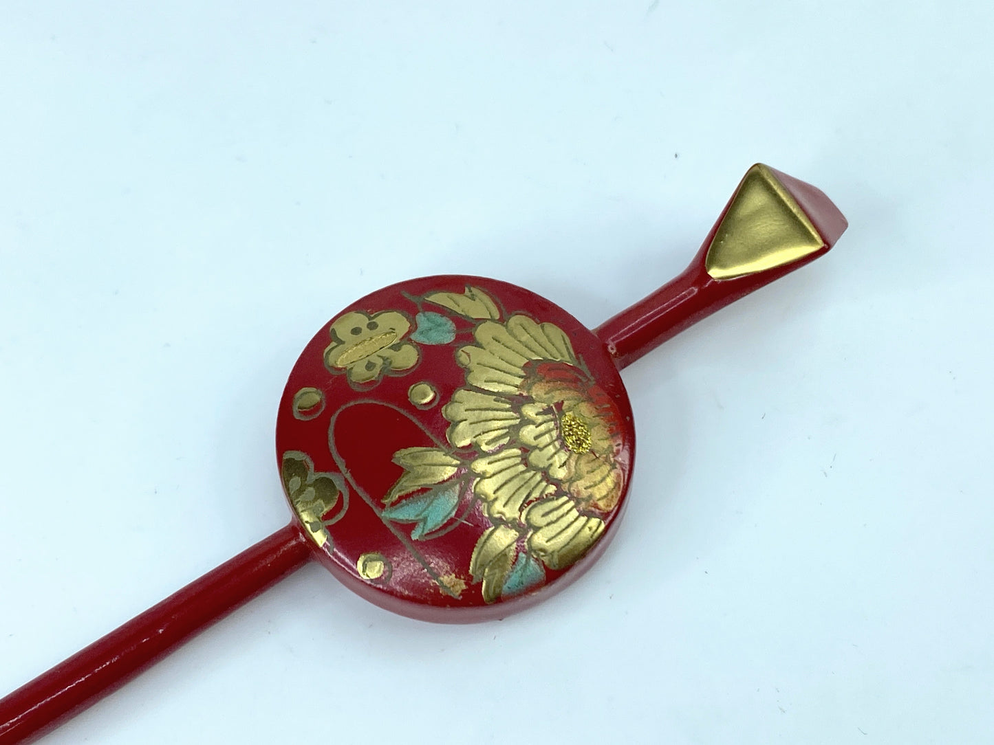 Japanese Red Lacquer Hira Kanzashi Hair Ornament Golden Peony 6" 5.8g GS500