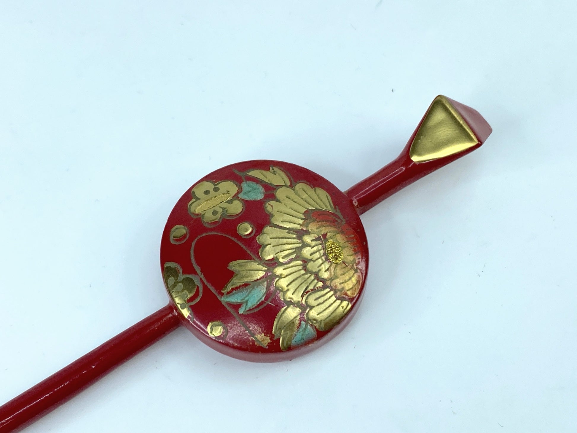 Japanese Red Lacquer Hira Kanzashi Hair Ornament Golden Peony 6" 5.8g GS500