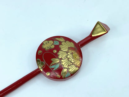 Japanese Red Lacquer Hira Kanzashi Hair Ornament Golden Peony 6" 5.8g GS500