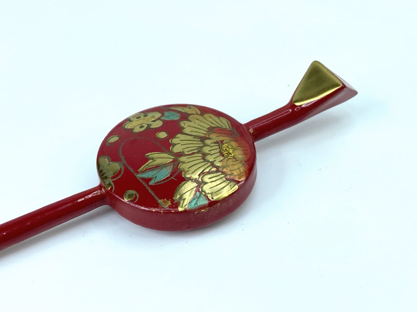Japanese Red Lacquer Hira Kanzashi Hair Ornament Golden Peony 6" 5.8g GS500