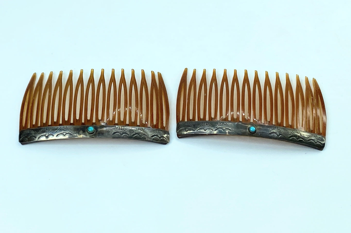 Vintage Sterling Silver Hair Combs Pair Turquoise Cabochon Celluloid GS720