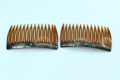 Vintage Sterling Silver Hair Combs Pair Turquoise Cabochon Celluloid GS720