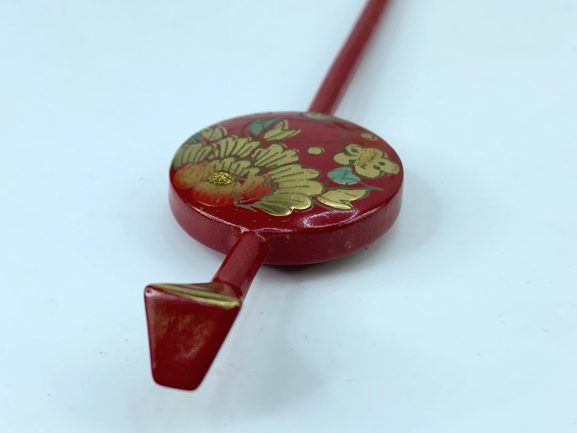 Japanese Red Lacquer Hira Kanzashi Hair Ornament Golden Peony 6" 5.8g GS500