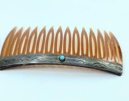 Vintage Sterling Silver Hair Combs Pair Turquoise Cabochon Celluloid GS720