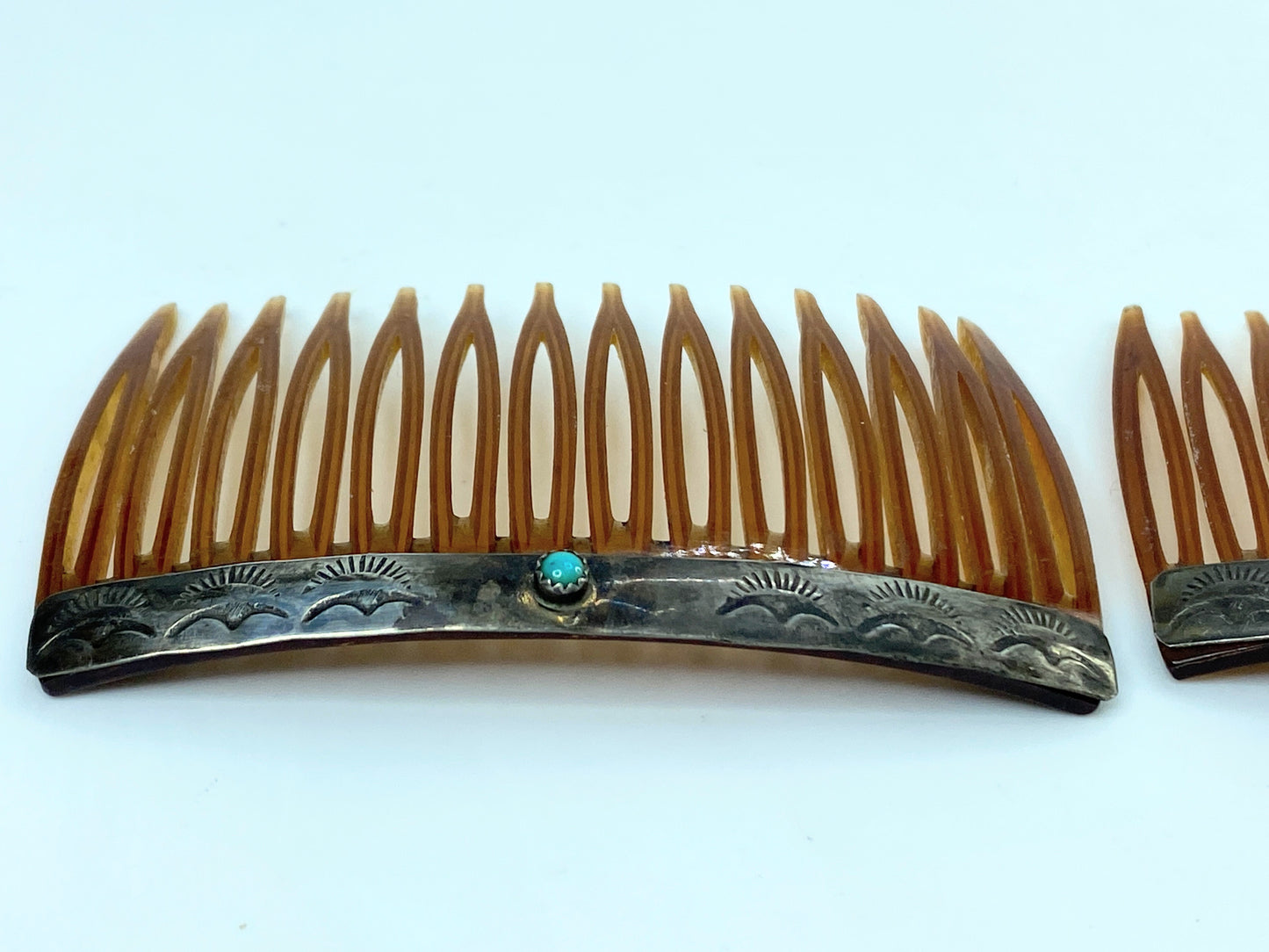 Vintage Sterling Silver Hair Combs Pair Turquoise Cabochon Celluloid GS720