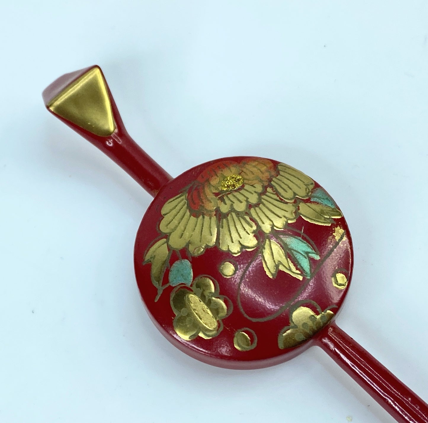 Japanese Red Lacquer Hira Kanzashi Hair Ornament Golden Peony 6" 5.8g GS500