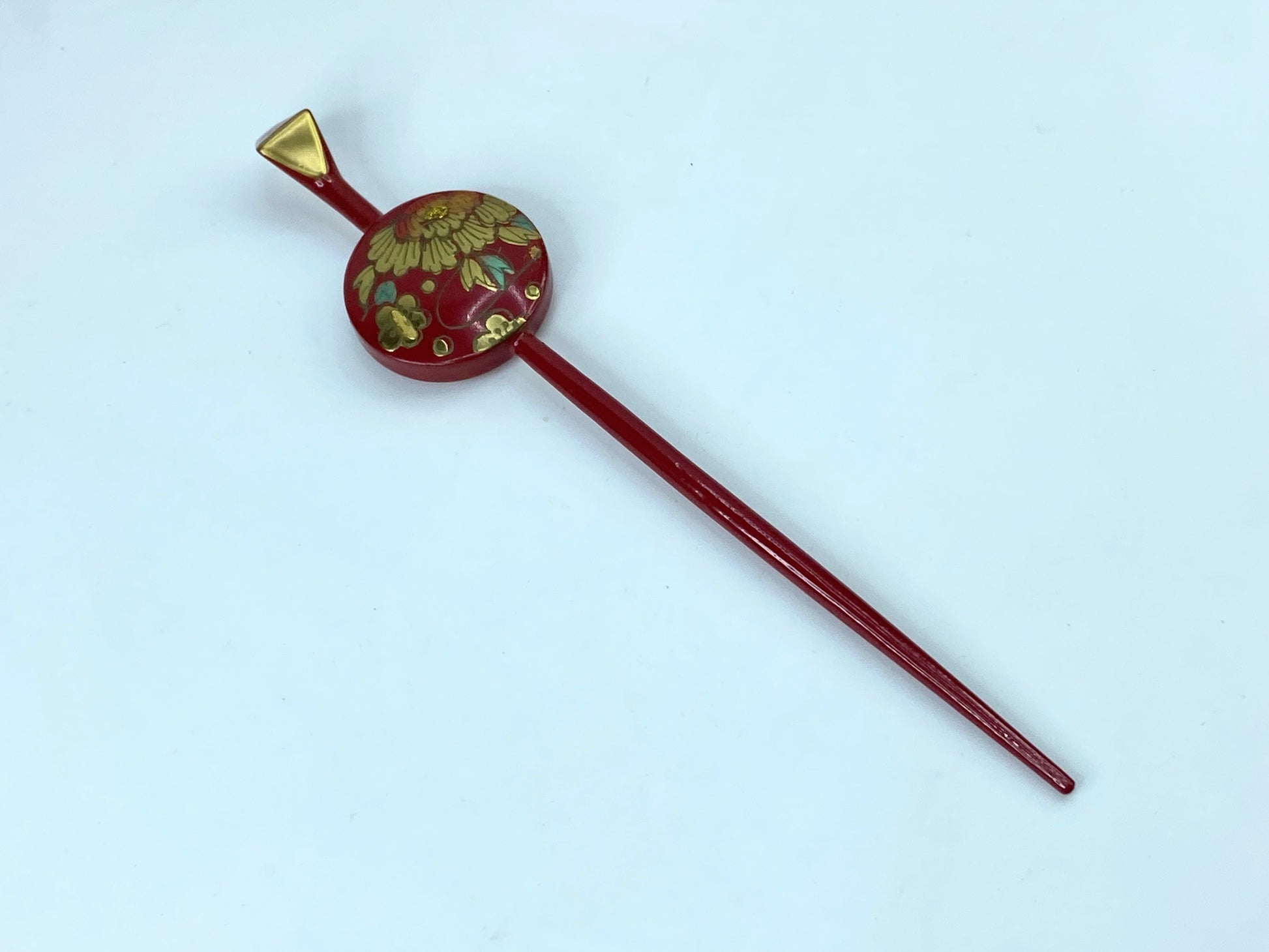 Japanese Red Lacquer Hira Kanzashi Hair Ornament Golden Peony 6" 5.8g GS500
