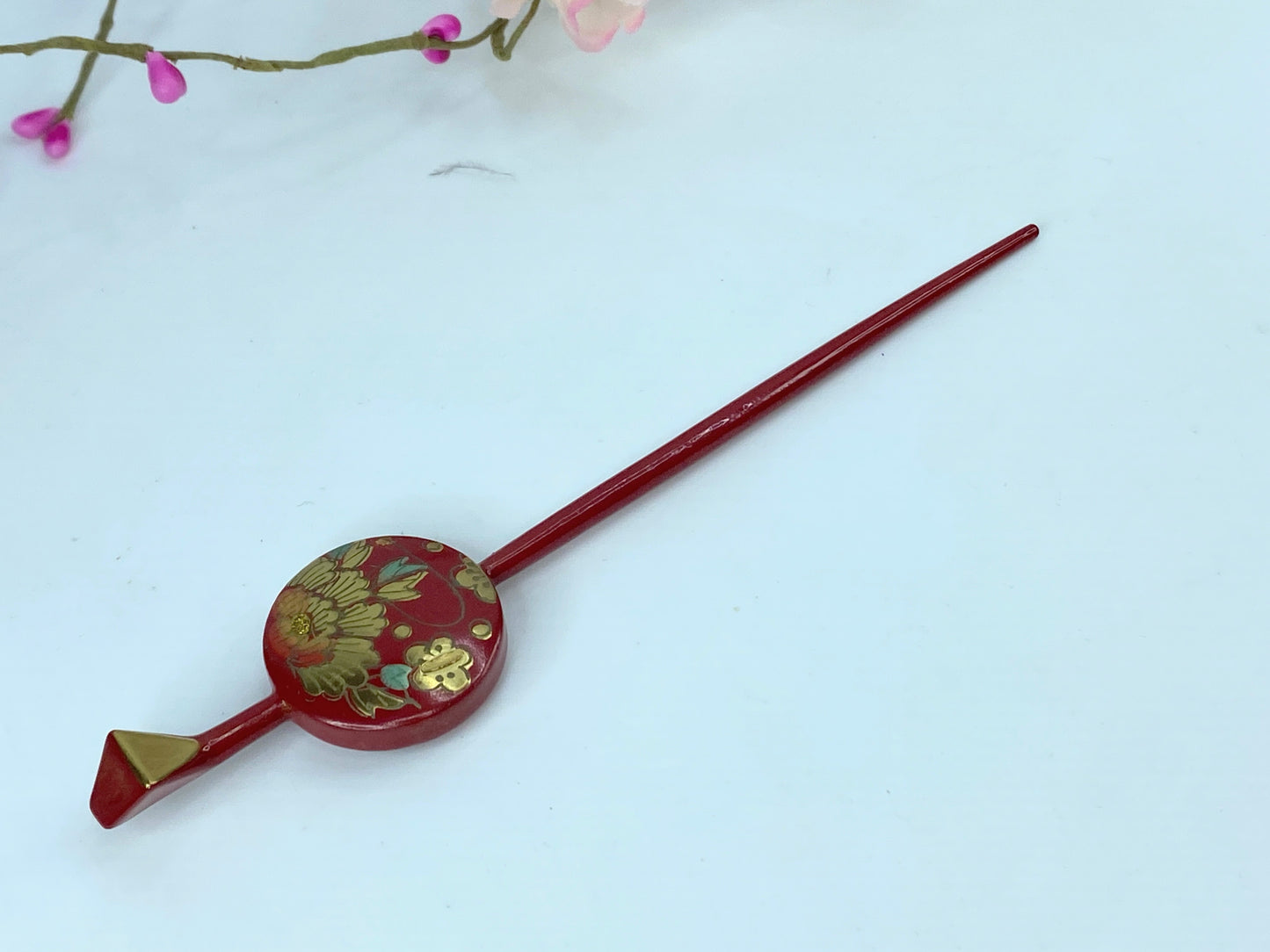 Japanese Red Lacquer Hira Kanzashi Hair Ornament Golden Peony 6" 5.8g GS500