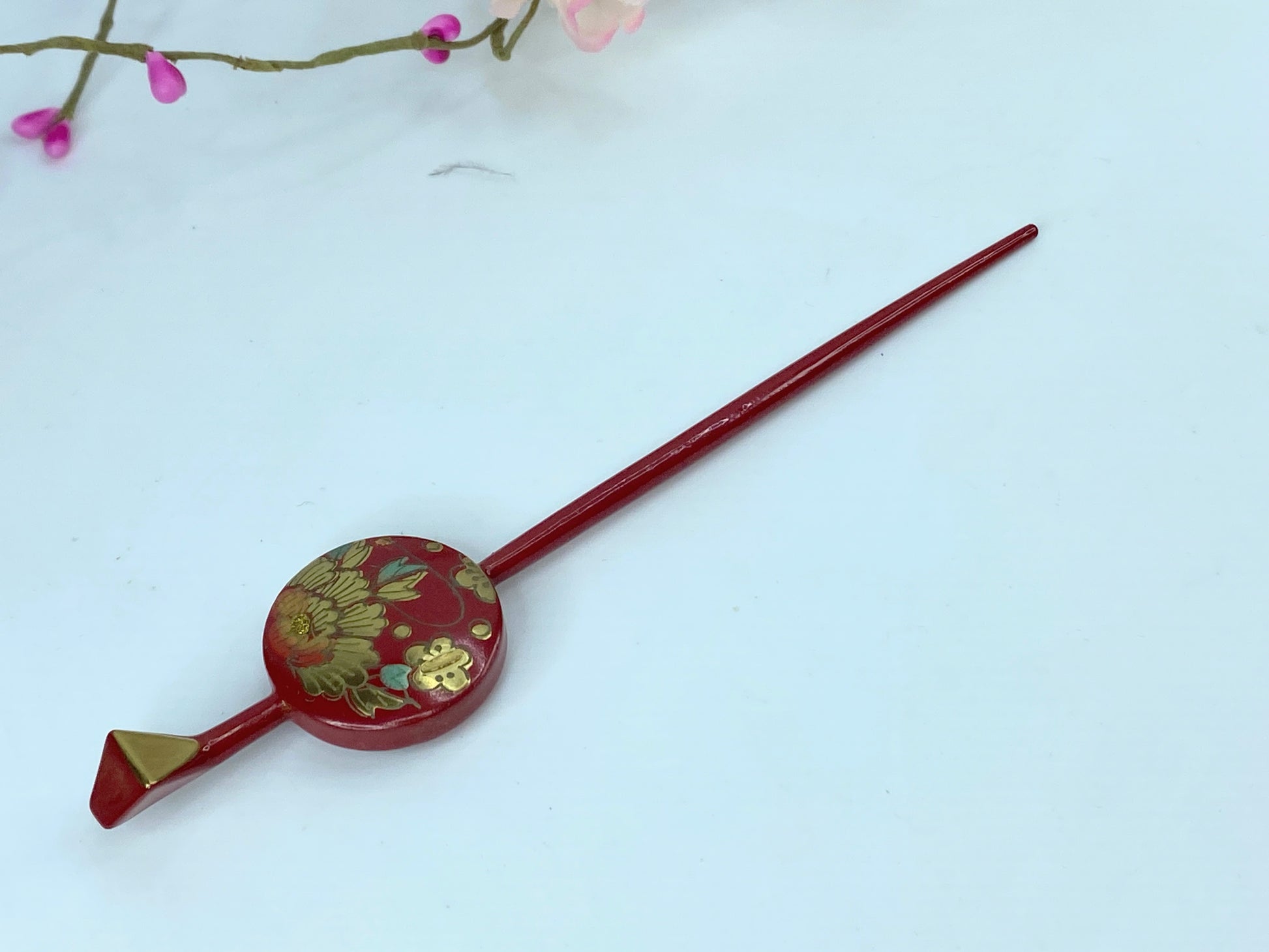 Japanese Red Lacquer Hira Kanzashi Hair Ornament Golden Peony 6" 5.8g GS500