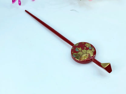 Japanese Red Lacquer Hira Kanzashi Hair Ornament Golden Peony 6" 5.8g GS500