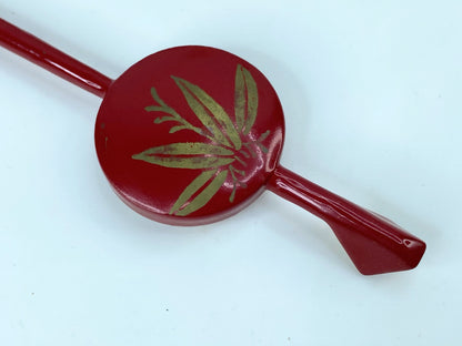 Japanese Red Lacquer Hira Kanzashi Hair Ornament Golden Peony 6" 5.8g GS500