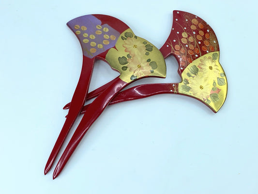 Kanzashi matching pair Hair stick Red Hairpin Keizan Gold Makie GS502