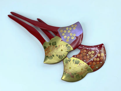Kanzashi matching pair Hair stick Red Hairpin Keizan Gold Makie GS502