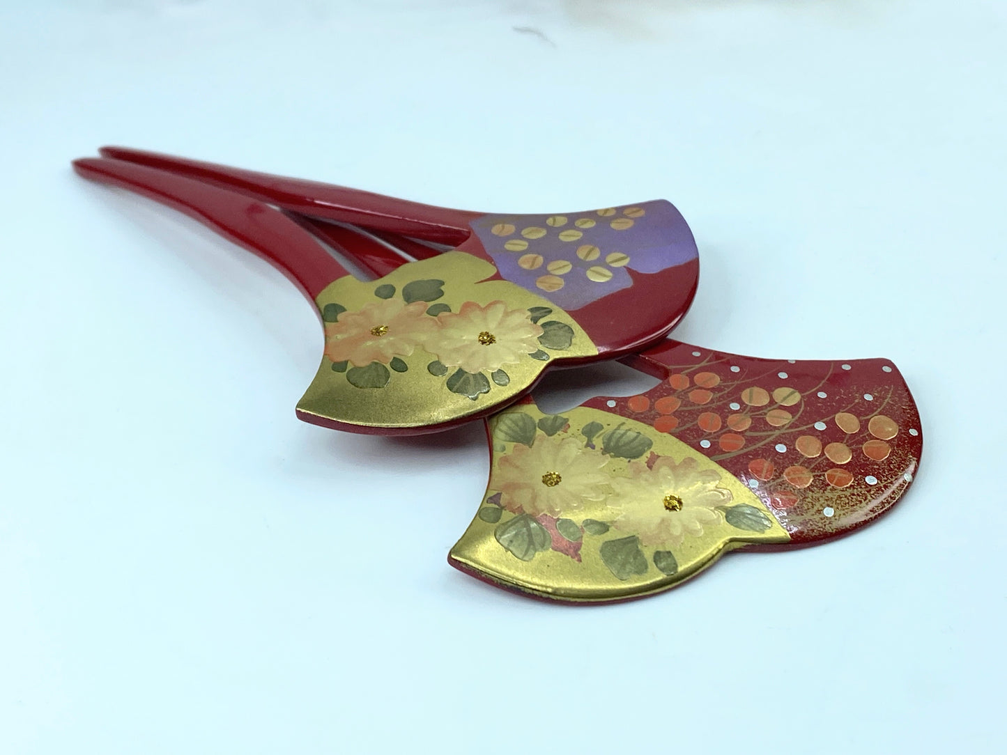 Kanzashi matching pair Hair stick Red Hairpin Keizan Gold Makie GS502