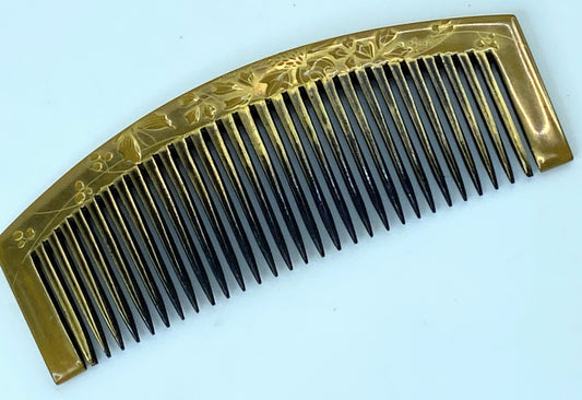 Art Deco Japanese Geisha Comb Kushi Kanzashi Gold Makie Floral embossed GS503