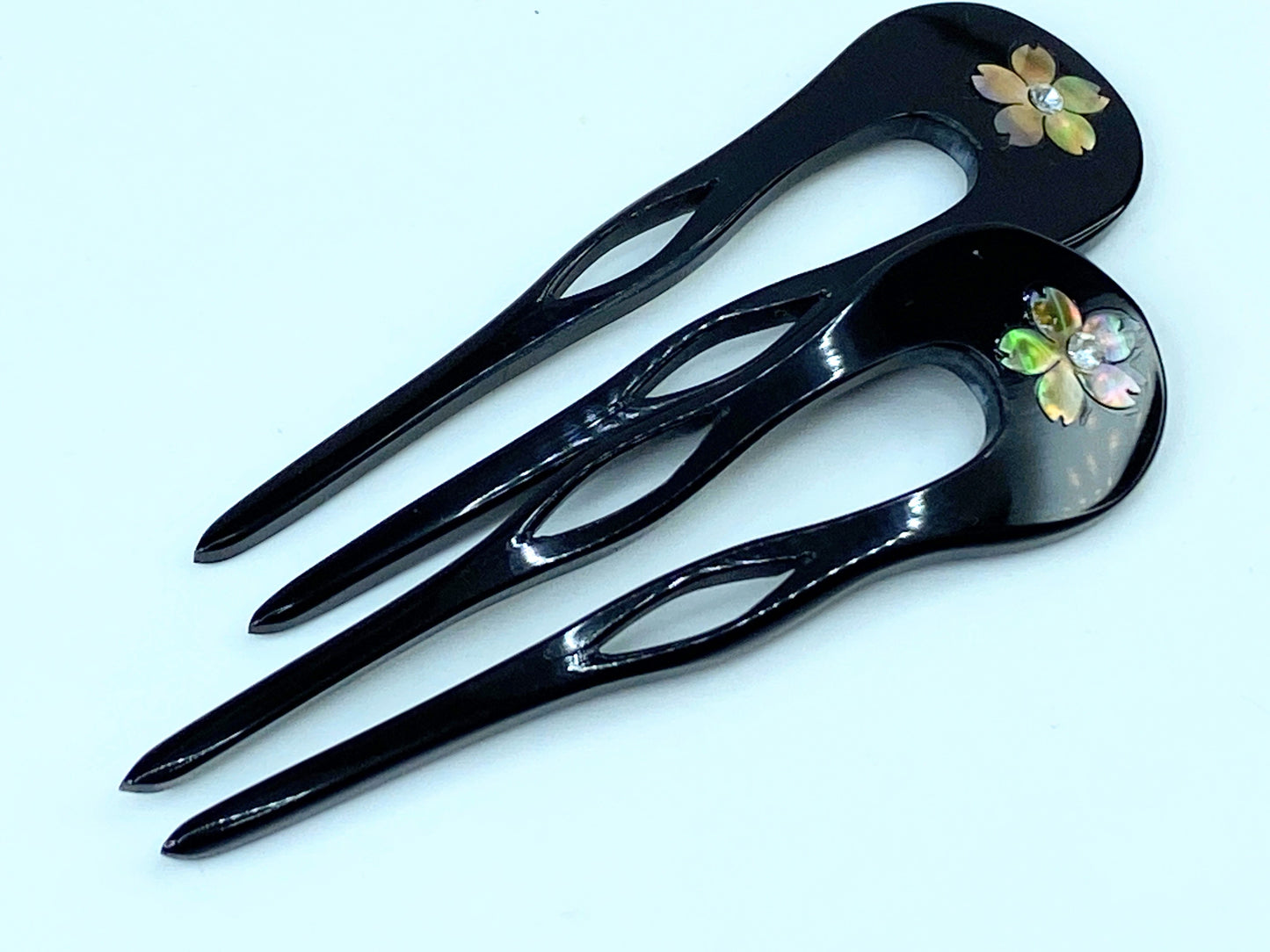 Ornate Japanese Kansashi Black MOP inlay Rhinestone Sakura Lacquered comb GS504