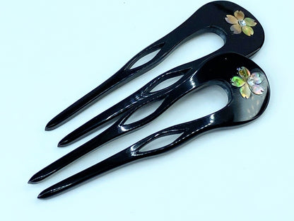 Ornate Japanese Kansashi Black MOP inlay Rhinestone Sakura Lacquered comb GS504