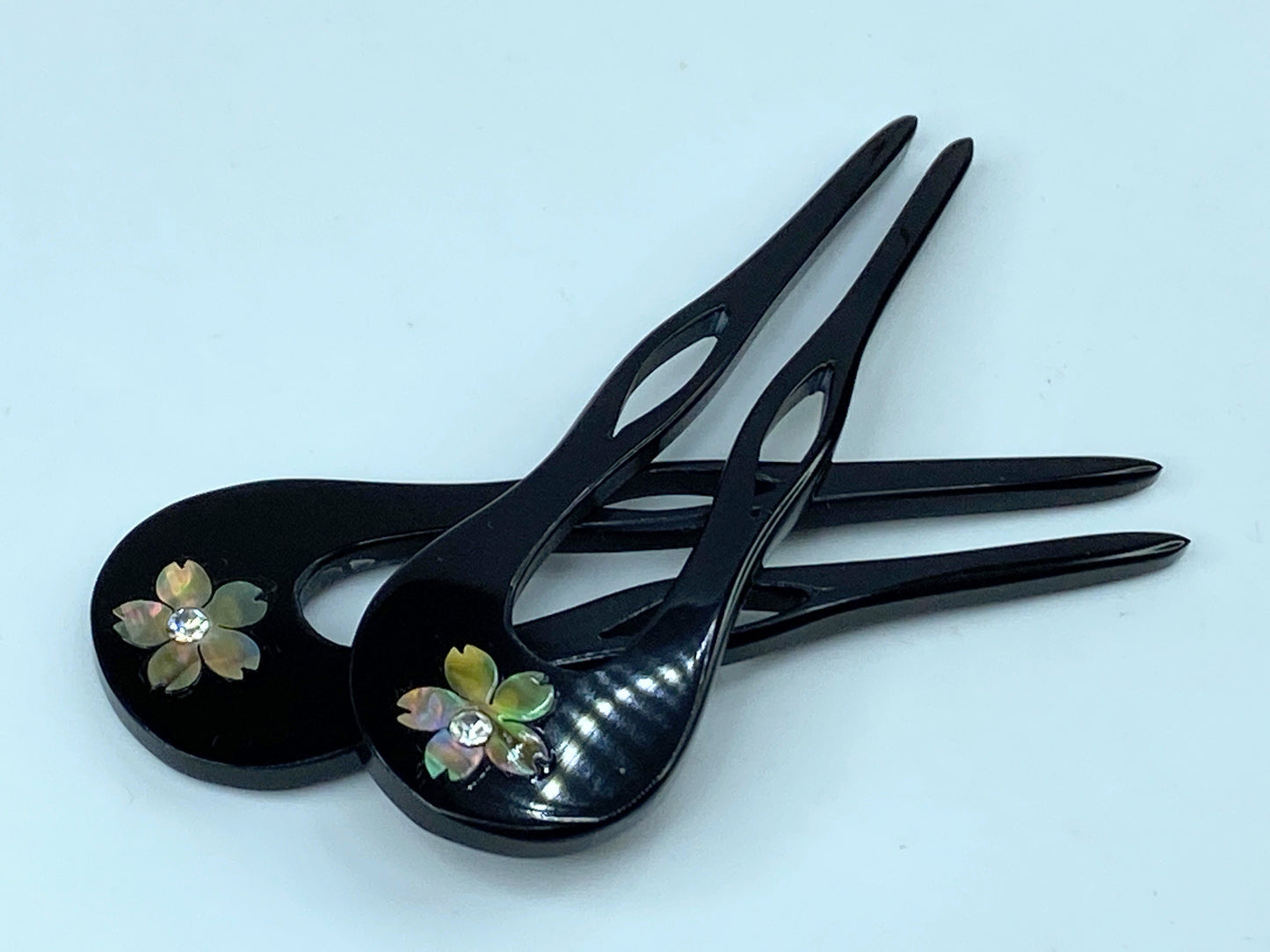 Ornate Japanese Kansashi Black MOP inlay Rhinestone Sakura Lacquered comb GS504