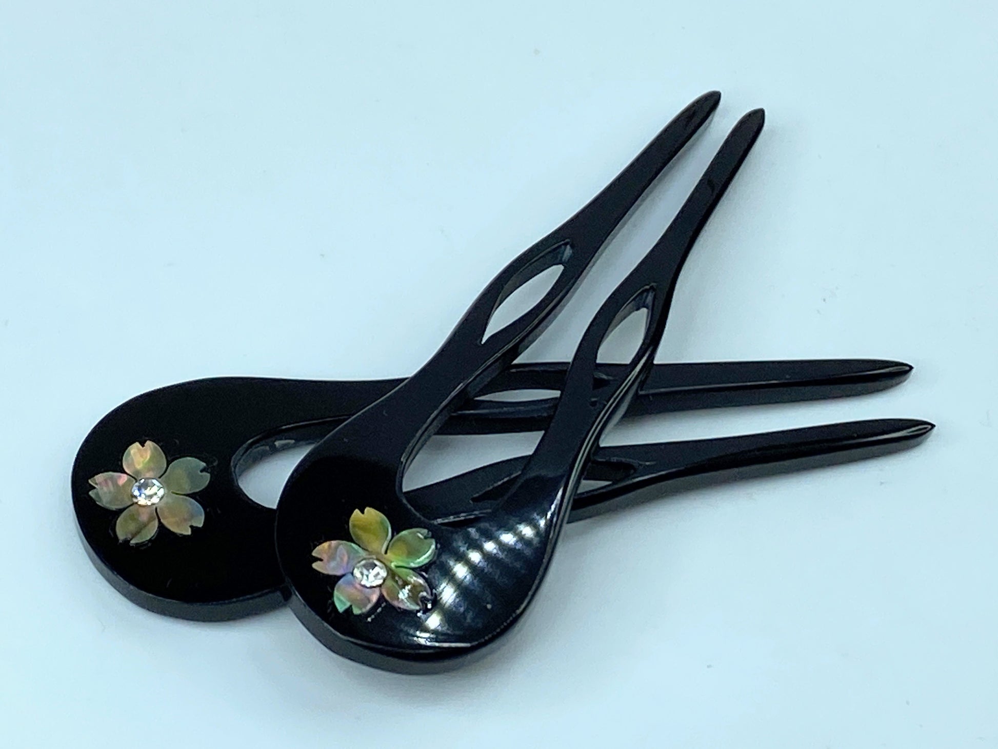 Ornate Japanese Kansashi Black MOP inlay Rhinestone Sakura Lacquered comb GS504