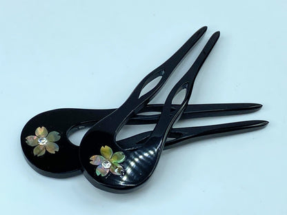 Ornate Japanese Kansashi Black MOP inlay Rhinestone Sakura Lacquered comb GS504