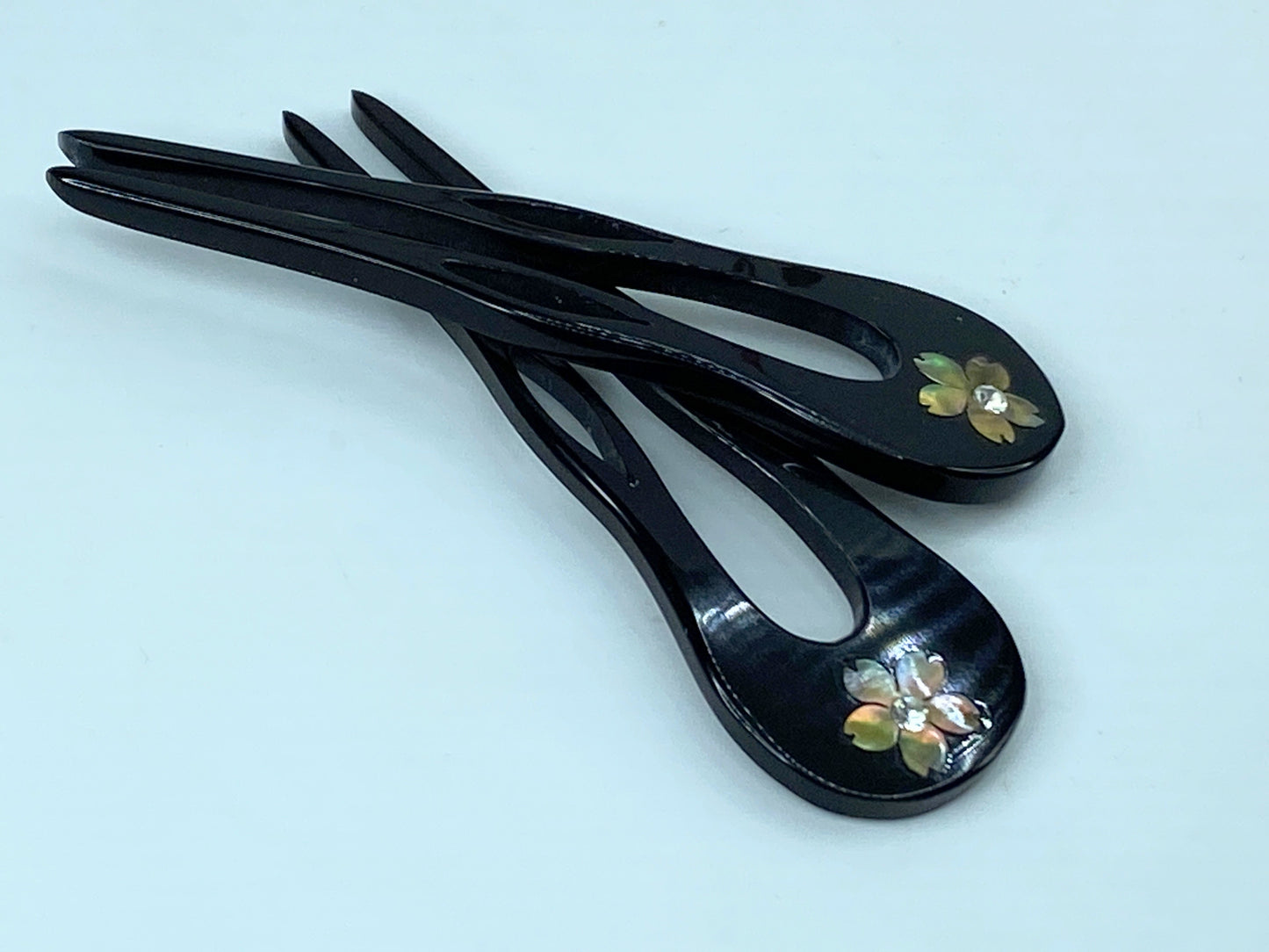 Ornate Japanese Kansashi Black MOP inlay Rhinestone Sakura Lacquered comb GS504