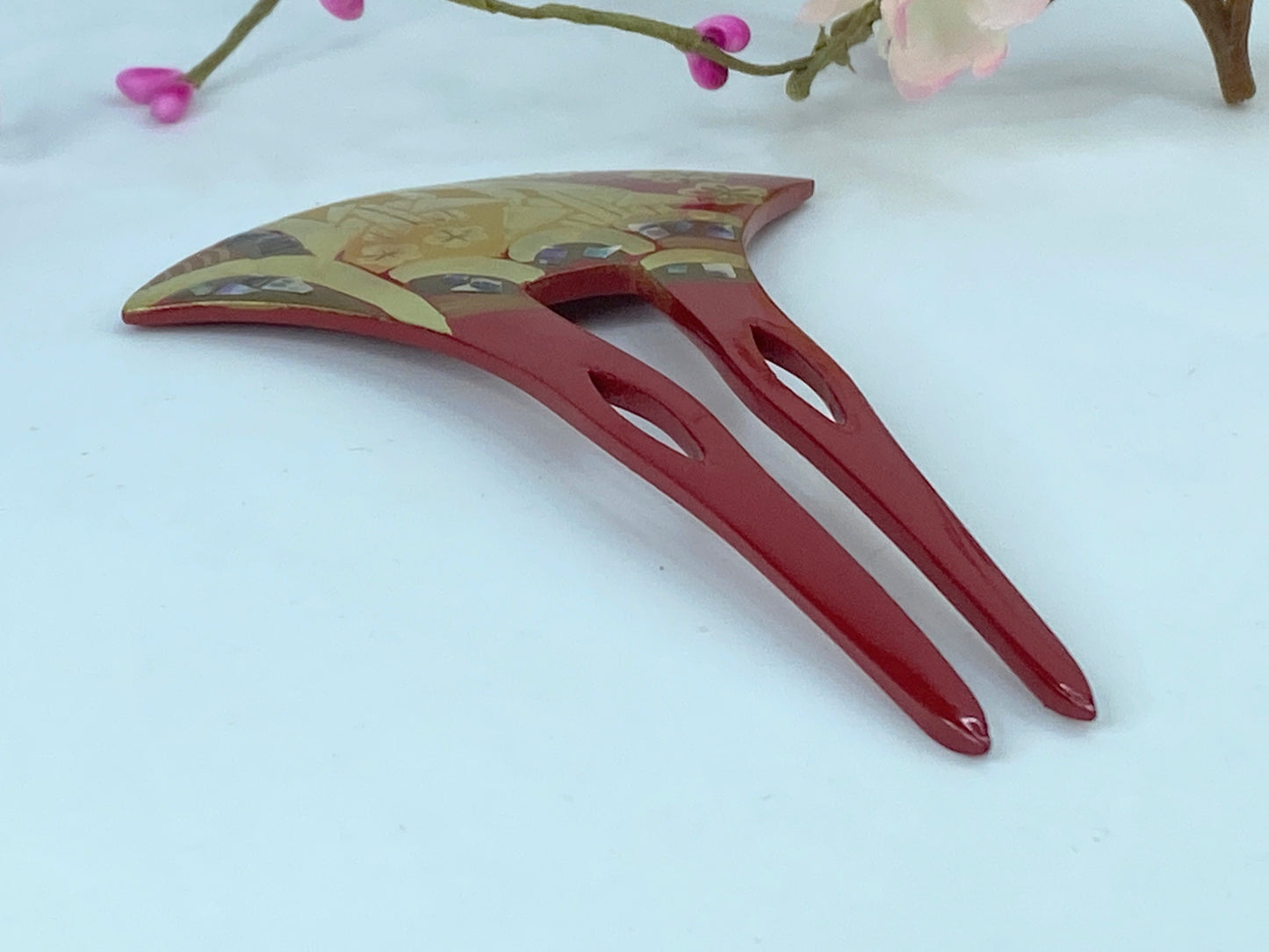 Japan Comb Kushi Kanzashi Keizan Gold Lacquer Split shank Makie wooden GS554
