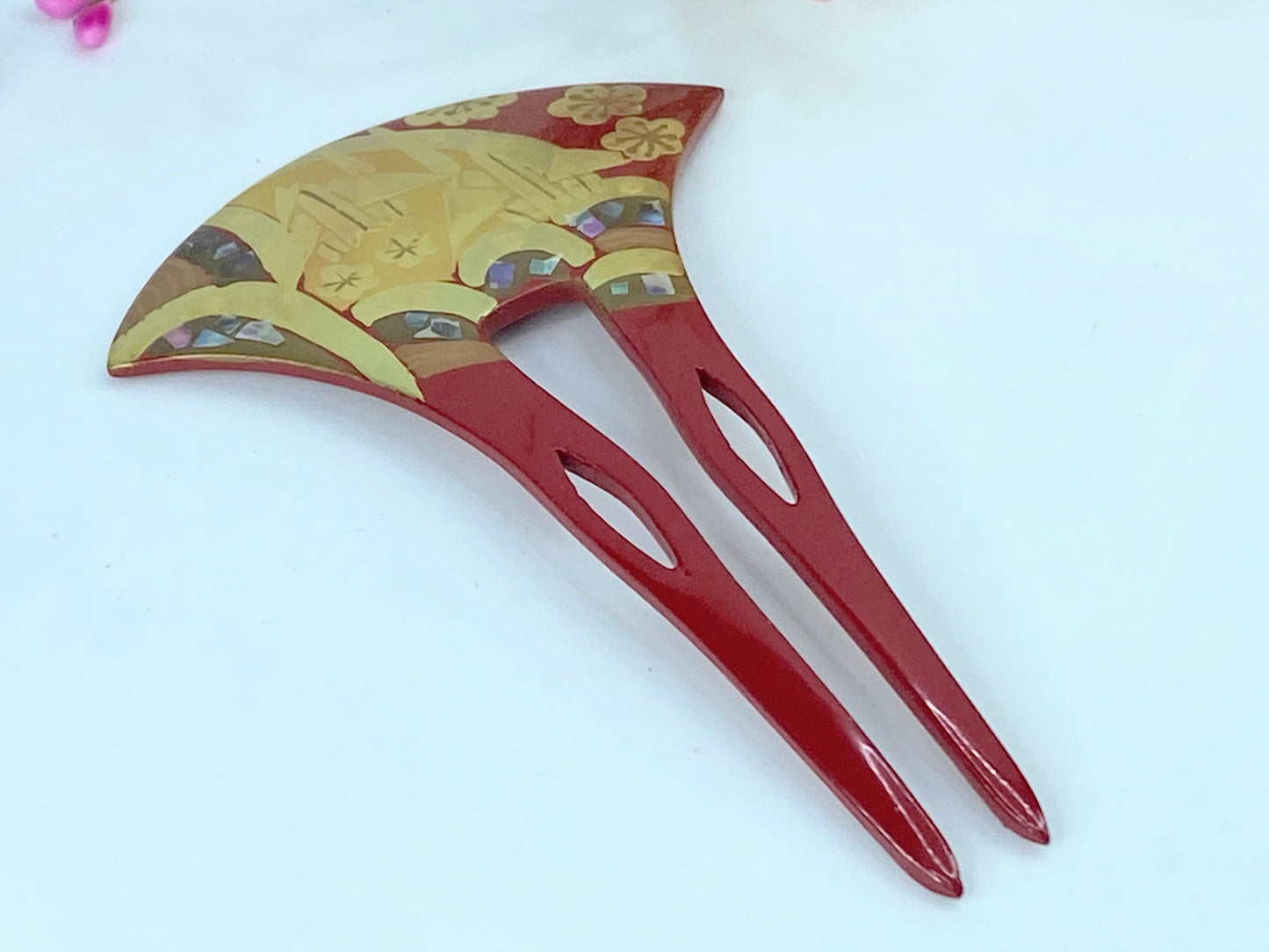 Japan Comb Kushi Kanzashi Keizan Gold Lacquer Split shank Makie wooden GS554
