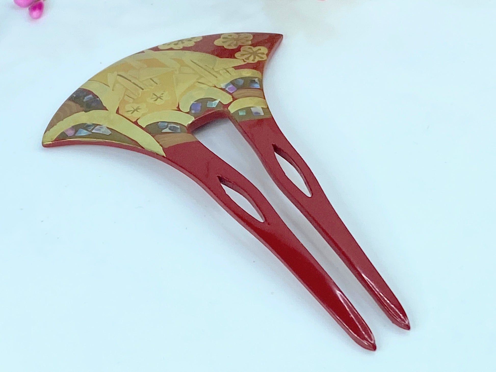 Japan Comb Kushi Kanzashi Keizan Gold Lacquer Split shank Makie wooden GS554