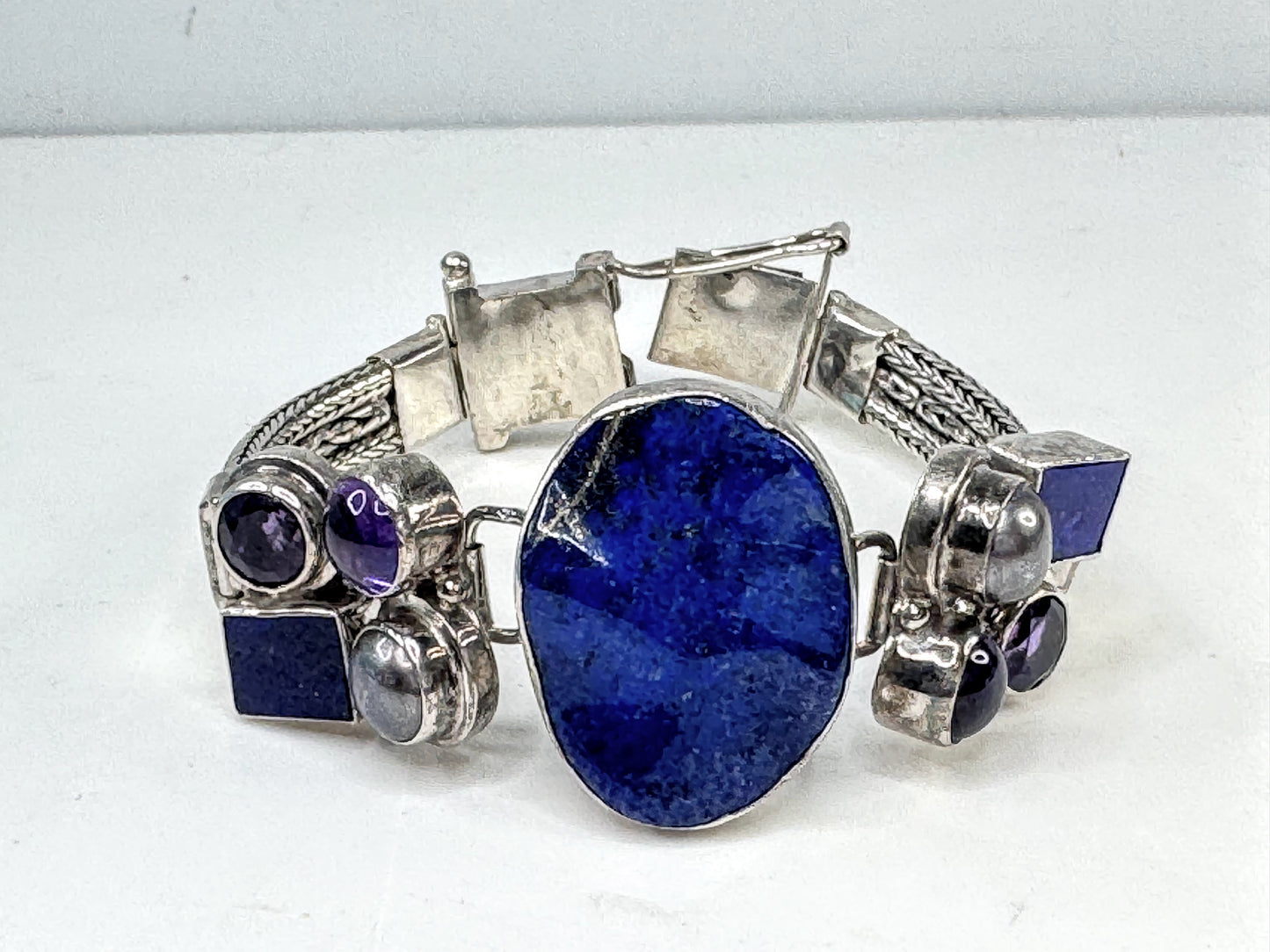 Rare Sterling Silver Lapis faceted & cabochon Amethyst Pearl Artisan Bracelet JR1641