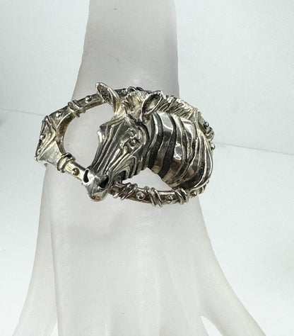 Museum piece Sterling 925 Zebra Horse head open work cuff bangle 84g 6.5" JR9388