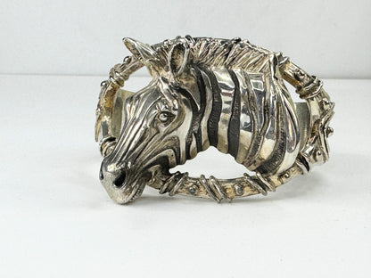 Museum piece Sterling 925 Zebra Horse head open work cuff bangle 84g 6.5" JR9388