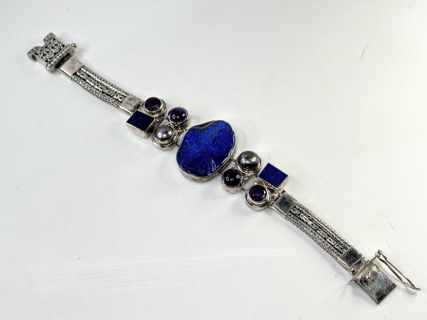 Rare Sterling Silver Lapis faceted & cabochon Amethyst Pearl Artisan Bracelet JR1641