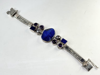 Rare Sterling Silver Lapis faceted & cabochon Amethyst Pearl Artisan Bracelet JR1641
