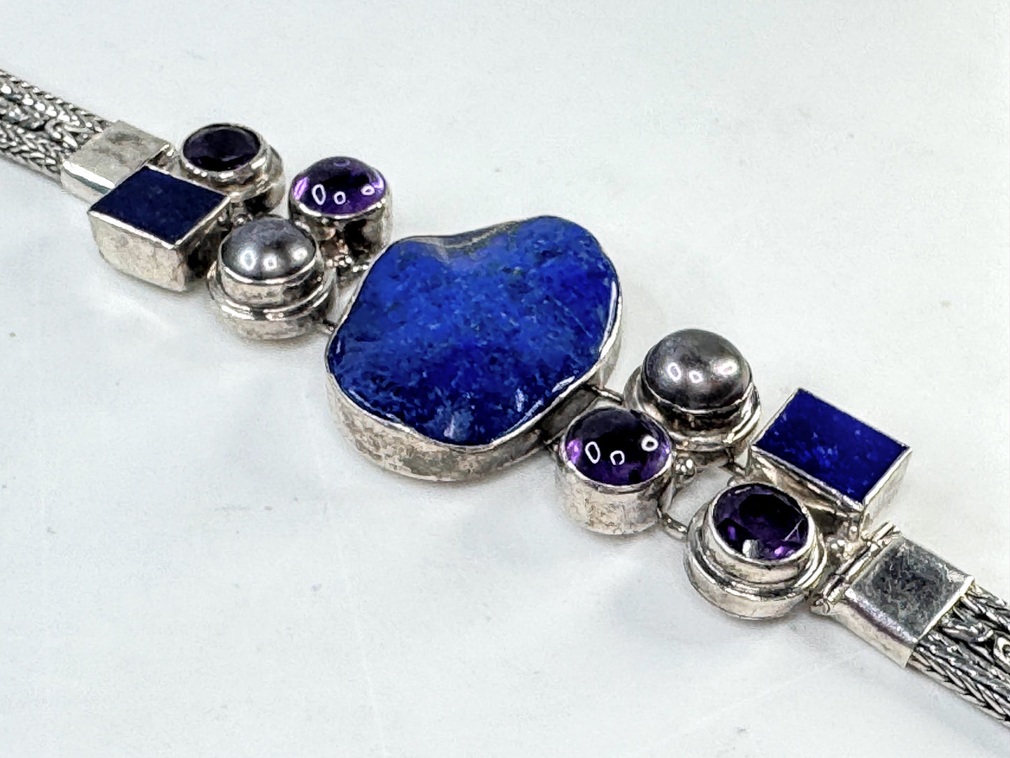 Rare Sterling Silver Lapis faceted & cabochon Amethyst Pearl Artisan Bracelet JR1641