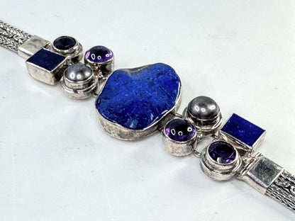 Rare Sterling Silver Lapis faceted & cabochon Amethyst Pearl Artisan Bracelet JR1641
