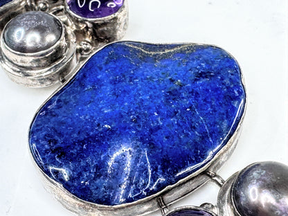 Rare Sterling Silver Lapis faceted & cabochon Amethyst Pearl Artisan Bracelet JR1641