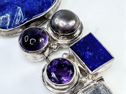 Rare Sterling Silver Lapis faceted & cabochon Amethyst Pearl Artisan Bracelet JR1641