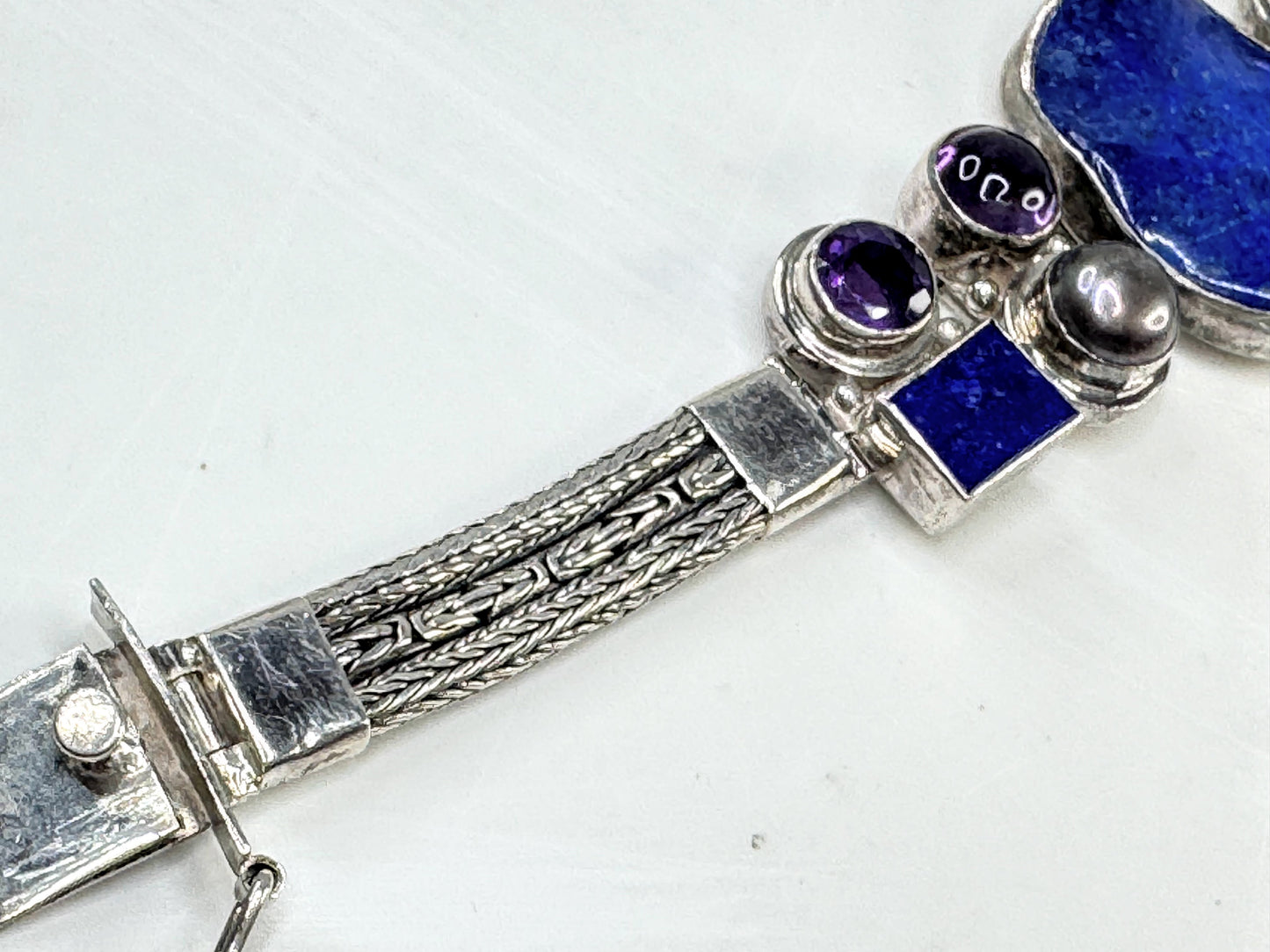 Rare Sterling Silver Lapis faceted & cabochon Amethyst Pearl Artisan Bracelet JR1641