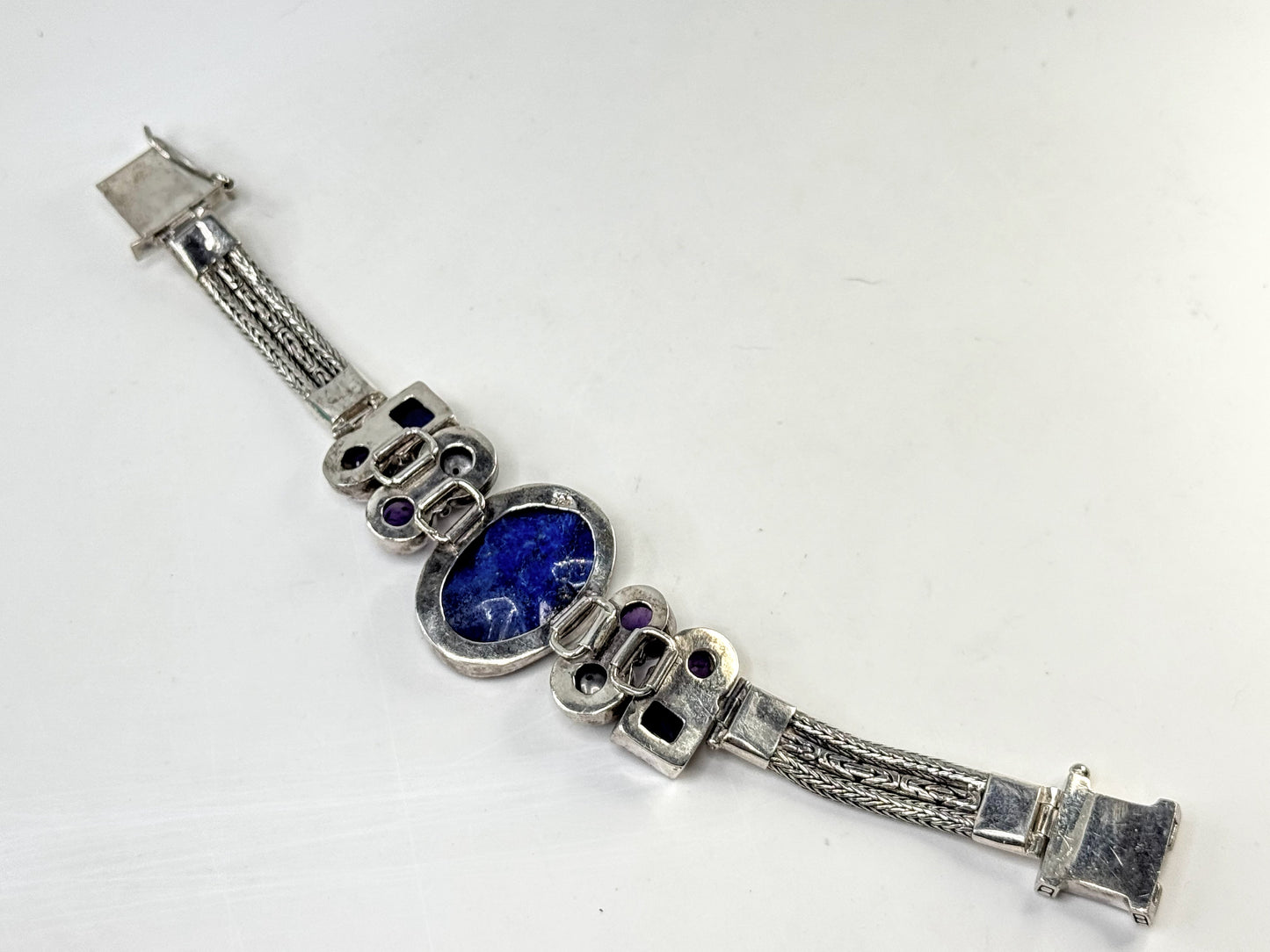 Rare Sterling Silver Lapis faceted & cabochon Amethyst Pearl Artisan Bracelet JR1641