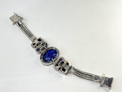 Rare Sterling Silver Lapis faceted & cabochon Amethyst Pearl Artisan Bracelet JR1641
